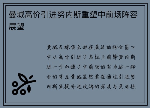 曼城高价引进努内斯重塑中前场阵容展望 曼城高价引进努内斯重塑中前场阵容展望